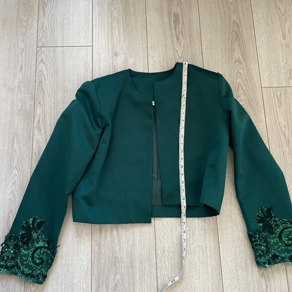 Victor Costa Women Cropped Suit Jacket Sequined Long Sleeve Open Front Green - Picture 8 of 12